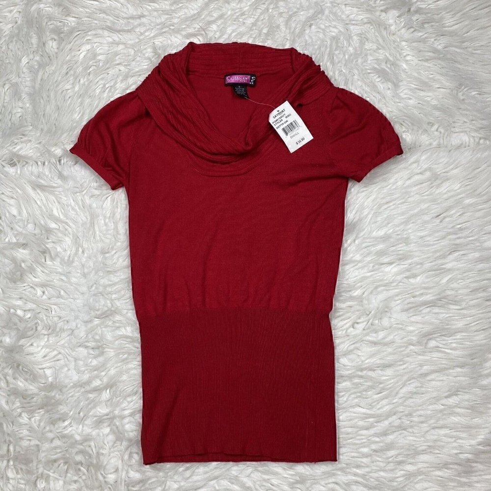 NEW Say What Sweater Cowl Neck Women's Small Red Short Sleeve Pullover Knit NWT
